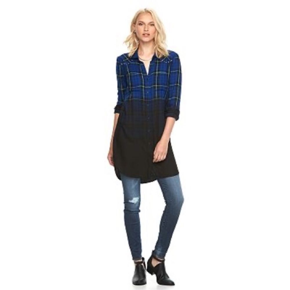 New Rock & Republic Ombre Dip Dyed Blue and Black Plaid TunicTop Size XS